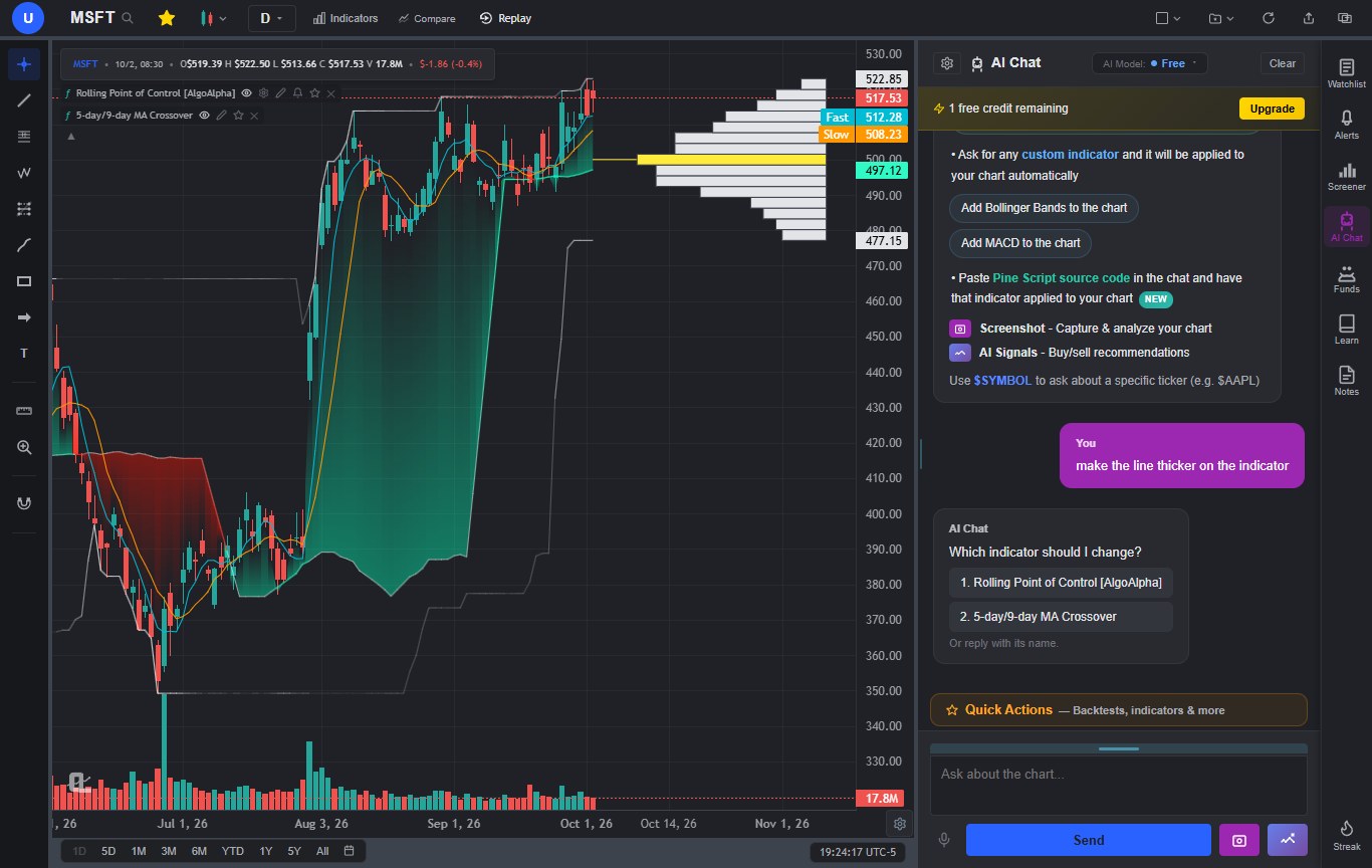 The ChartingLens AI Chat asking which of two custom indicators to change before editing