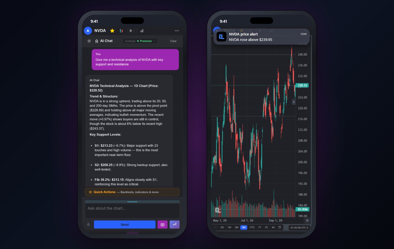 ChartingLens iPhone app with the AI assistant analyzing NVDA support and resistance beside a push notification for an NVDA price alert
